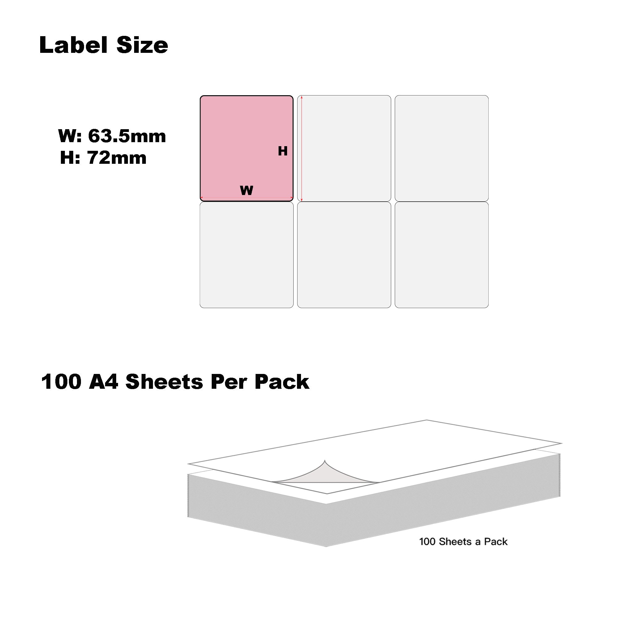 A4 Format Rectangle Light Pink 63.5 x 72mm Labels 12 Labels Per Sheet-100 Sheets