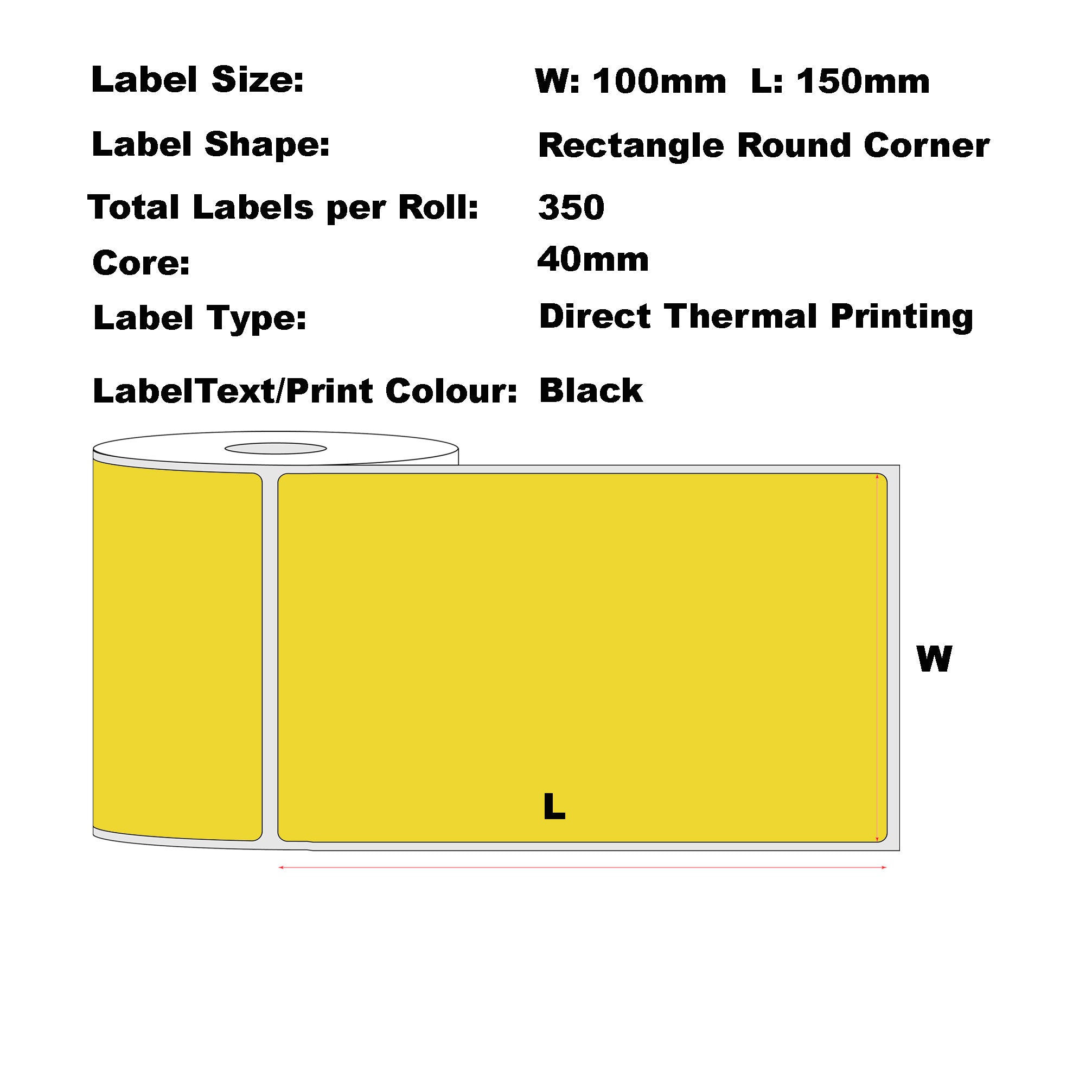 100mm x 150mm (4"x6") Direct Thermal Permanent Yellow Label, 350 Labels Per Roll, 40mm Core, Perforated-100 Rolls