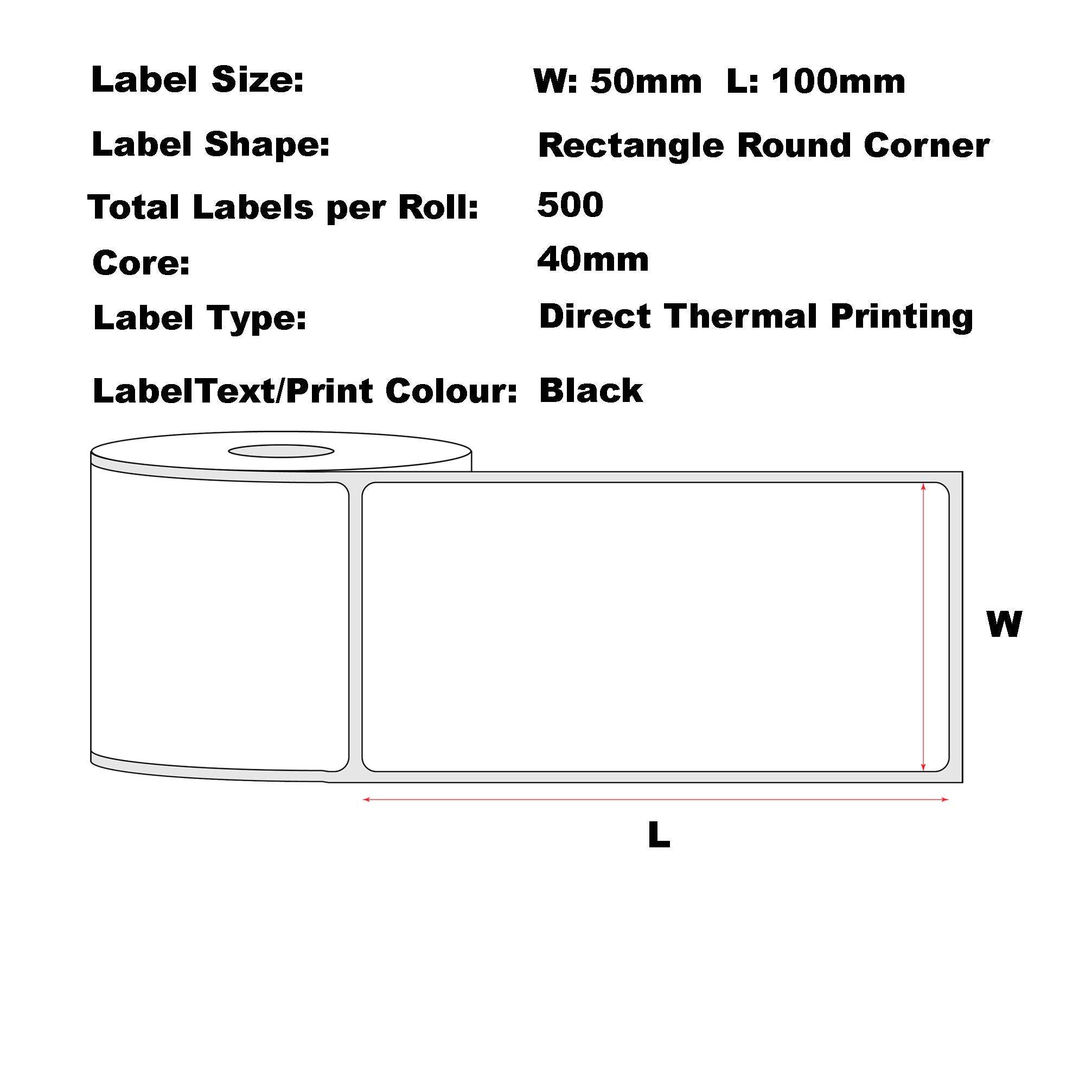 50mm x 100mm Direct Thermal Permanent Label, 500 Labels Per Roll, 40mm Core, Perforated-6 Rolls