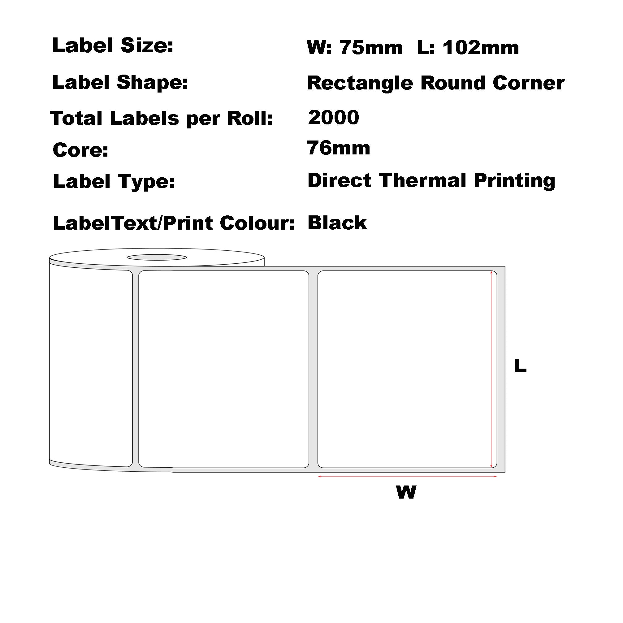 102mm x 75mm Direct Thermal Permanent Label, 2000 Labels Per Roll, 76mm Core, Perforated-50 Rolls