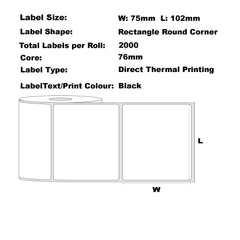 102mm x 75mm Direct Thermal Permanent Label, 2000 Labels Per Roll, 76mm Core, Perforated-12 Rolls