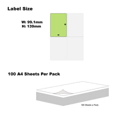 A4 Format Rectangle Light Green 139 x 99.1mm Labels 4 Labels Per Sheet-100 Sheets