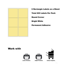 A4 Format Rectangle Yellow 99.1 x 93.1mm Label 6 Labels Per Sheet-100 Sheets