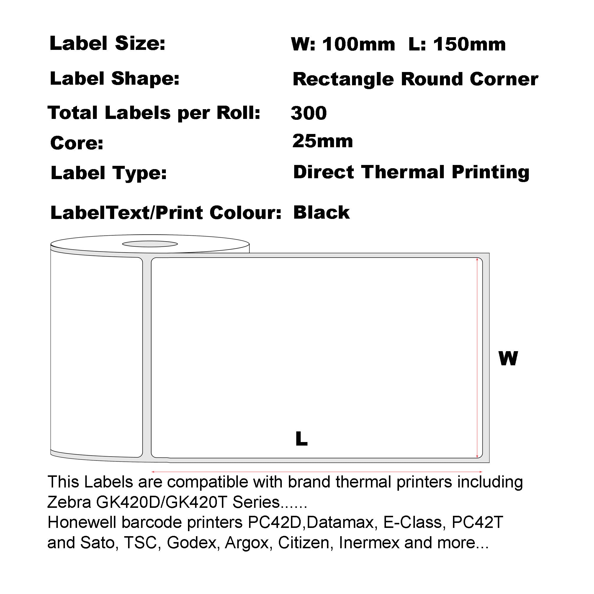 100mm x 150mm (4"x6") Direct Thermal Permanent Label, 300 Labels Per Roll, 25mm Core, Perforated-6 Rolls
