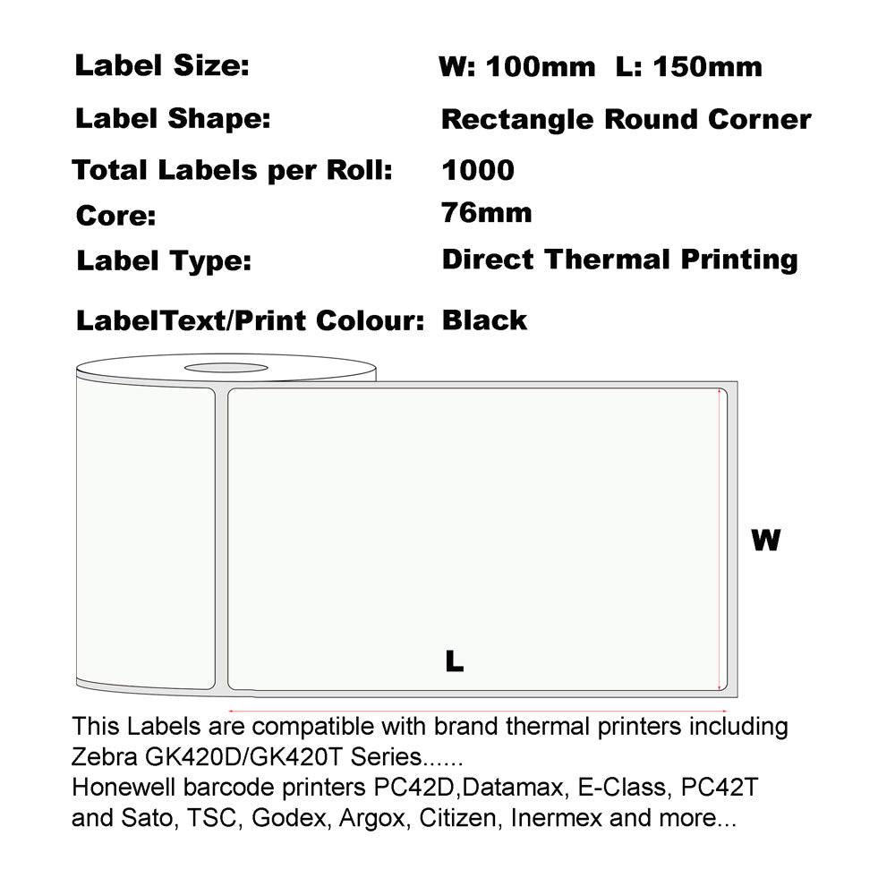 100mm x 150mm (4"x6") Direct Thermal Permanent Label, 1000 Labels Per Roll, 76mm Core, Perforated-12 Rolls