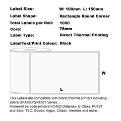 100mm x 150mm (4"x6") Direct Thermal Permanent Label, 1000 Labels Per Roll, 76mm Core, Perforated-12 Rolls