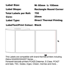100mm x 60mm Direct Thermal Permanent Label, 750 Labels Per Roll, 25mm Core, Perforated-12 Rolls
