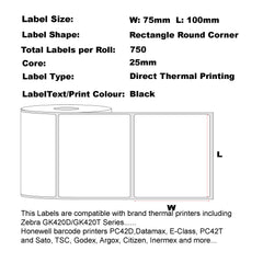 100mm x 75mm (4"x3") Direct Thermal Permanent Label, 750 Labels Per Roll, 25mm Core, Perforated-100 Rolls