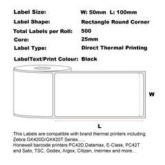 50mm x 100mm Direct Thermal Permanent Label, 500 Labels Per Roll, 25mm Core, Perforated-48 Rolls