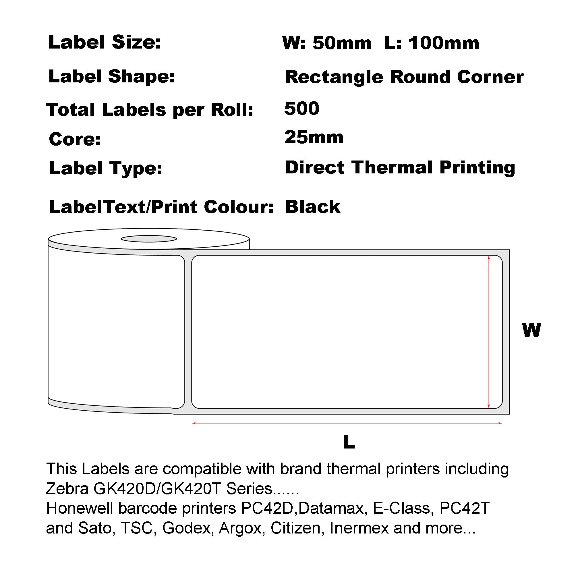 50mm x 100mm Direct Thermal Permanent Label, 500 Labels Per Roll, 25mm Core, Perforated-100 Rolls
