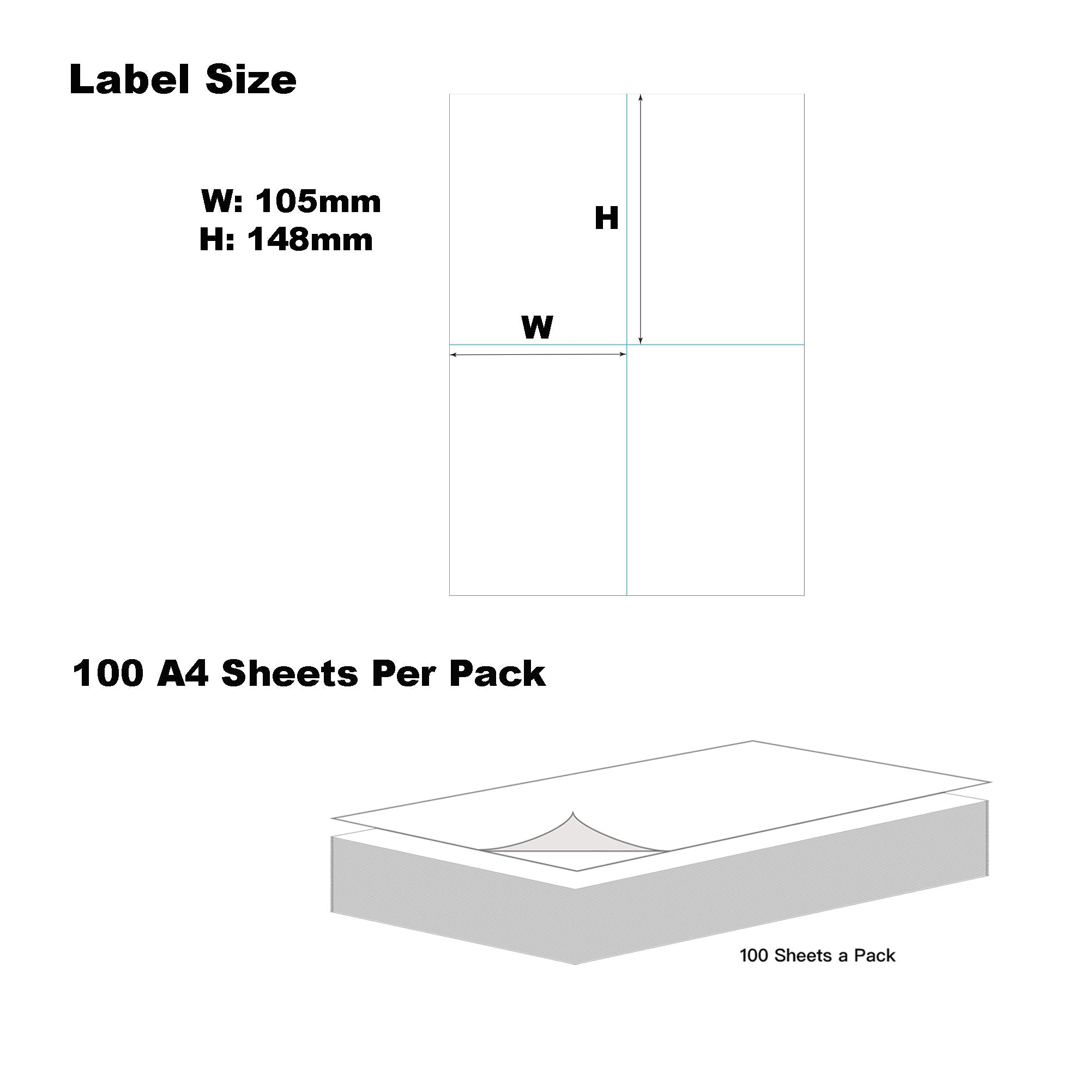 A4 Format Rectangle white 148 x 105 (Borderless) 4 Labels Per Sheet-100 Sheets