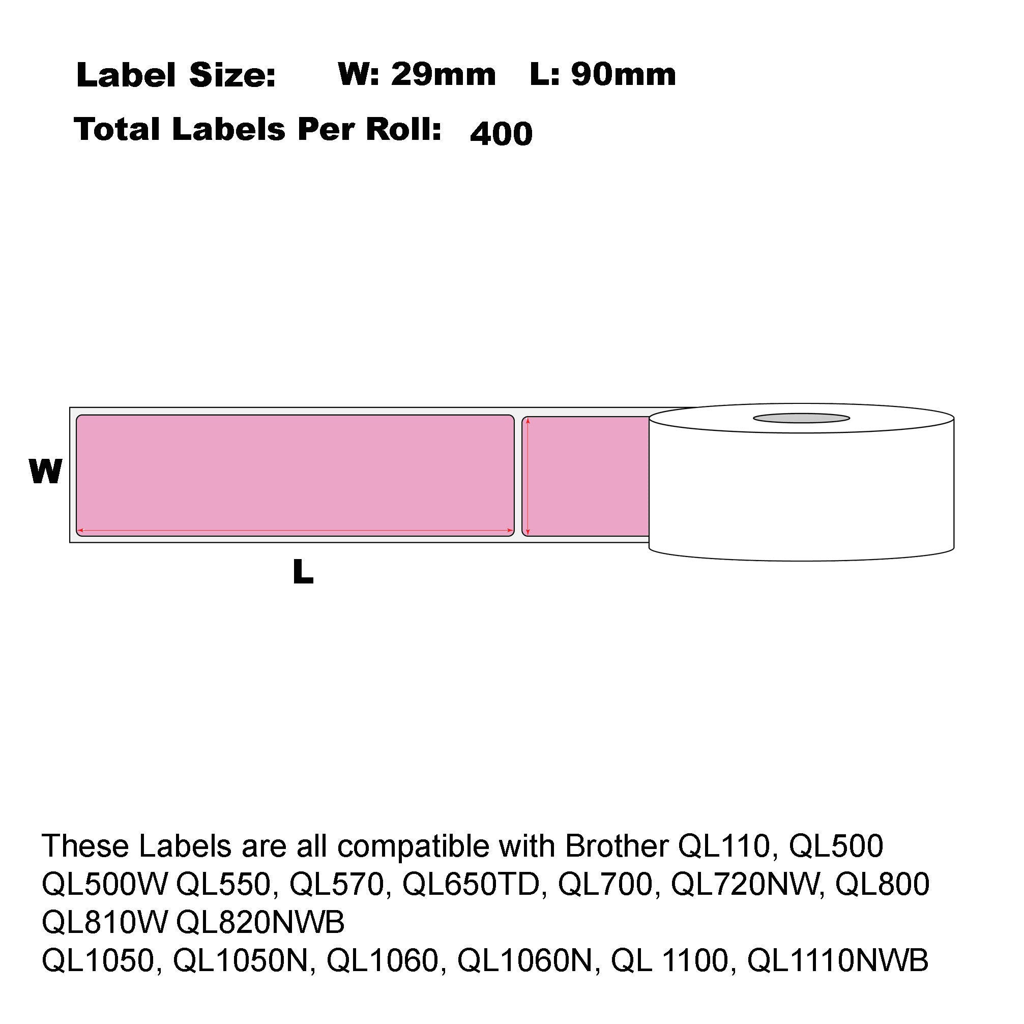 6x Compatible Brother DK-11201 Pink Refill Labels Die-Cut Standard Address NF 29mm X 90mm 400L