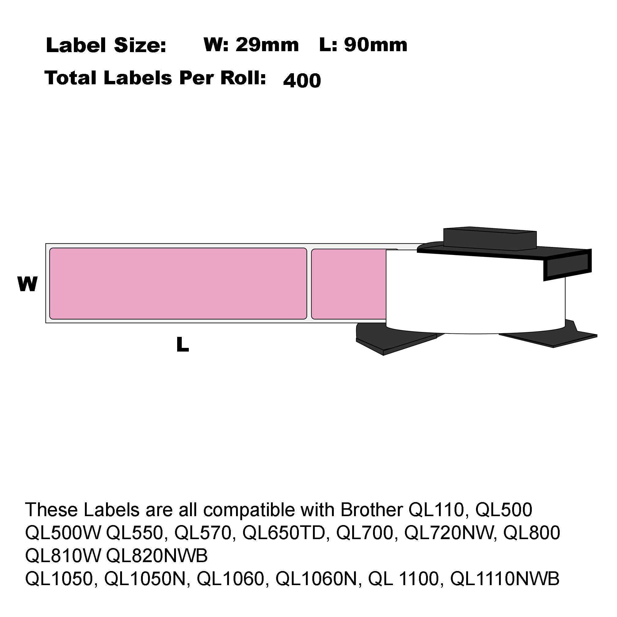 6x Compatible Brother DK-11201 Pink  Labels Die-Cut Standard Address WF 29mm X 90mm 400L