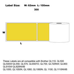 Compatible Brother DK-11202 Yellow Refill Labels 62mm x 100mm 300 Labels Per Roll