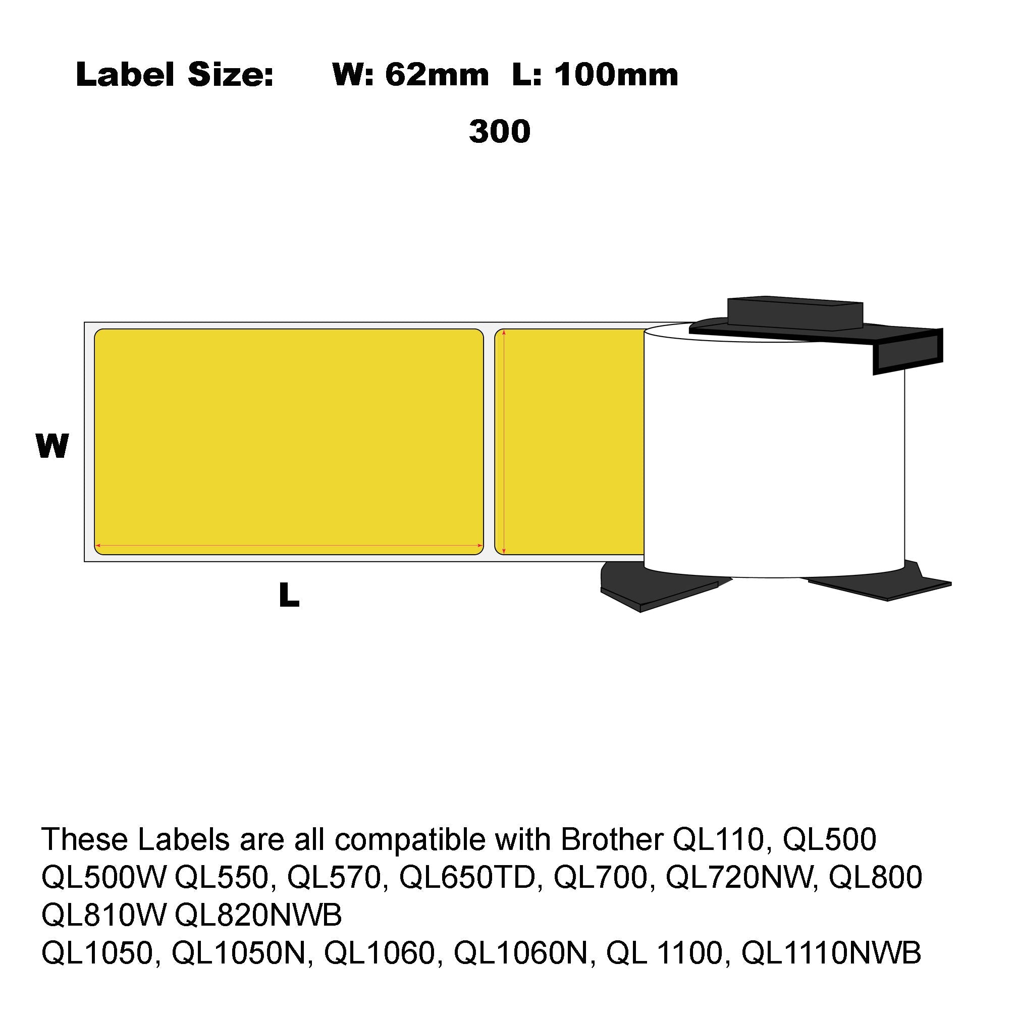 48x Compatible Brother DK-11202 Yellow Labels 62mm x100mm 300 Label Per Roll