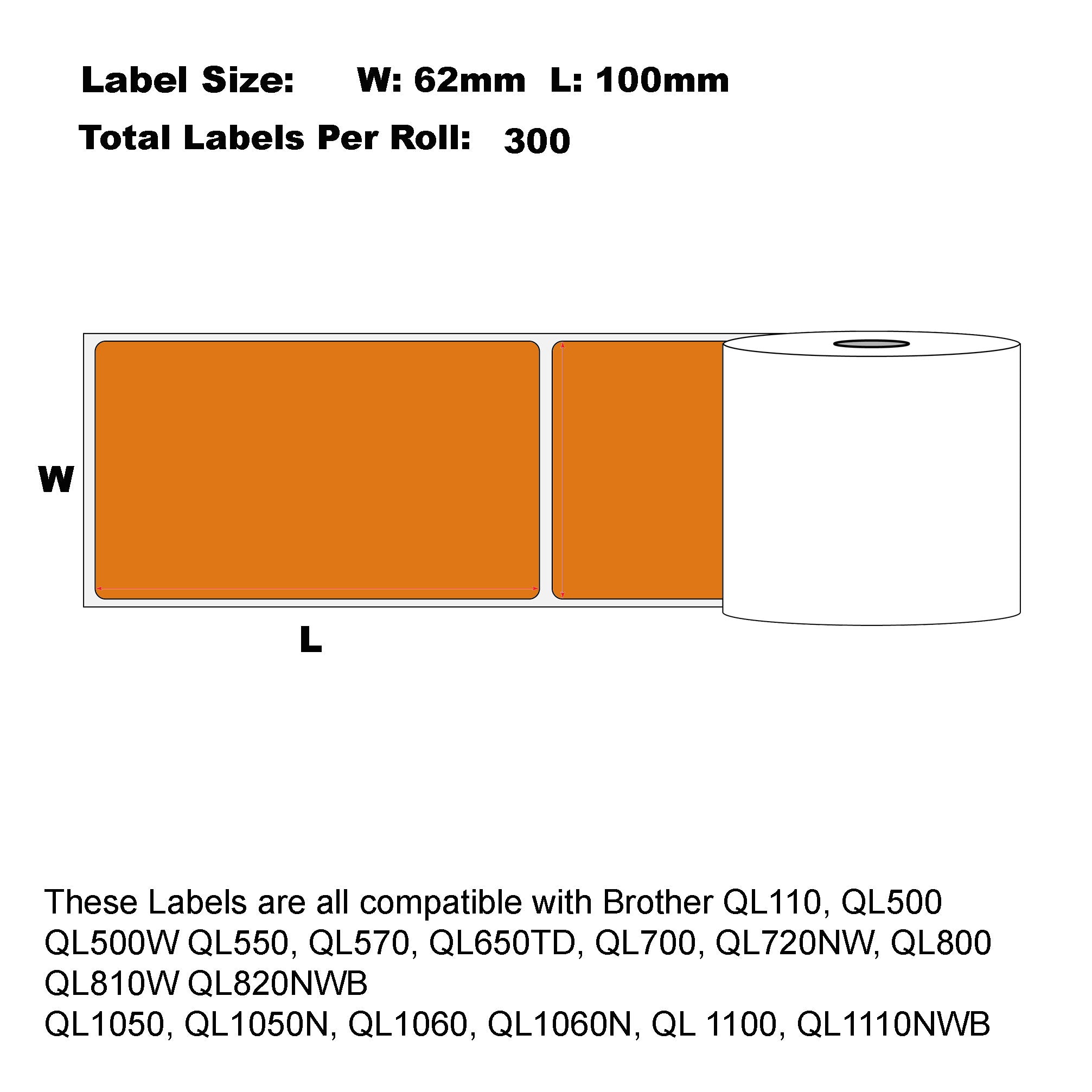 Compatible Brother DK-11202 Orange Refill labels 62mm x 100mm 300 Labels Per Roll