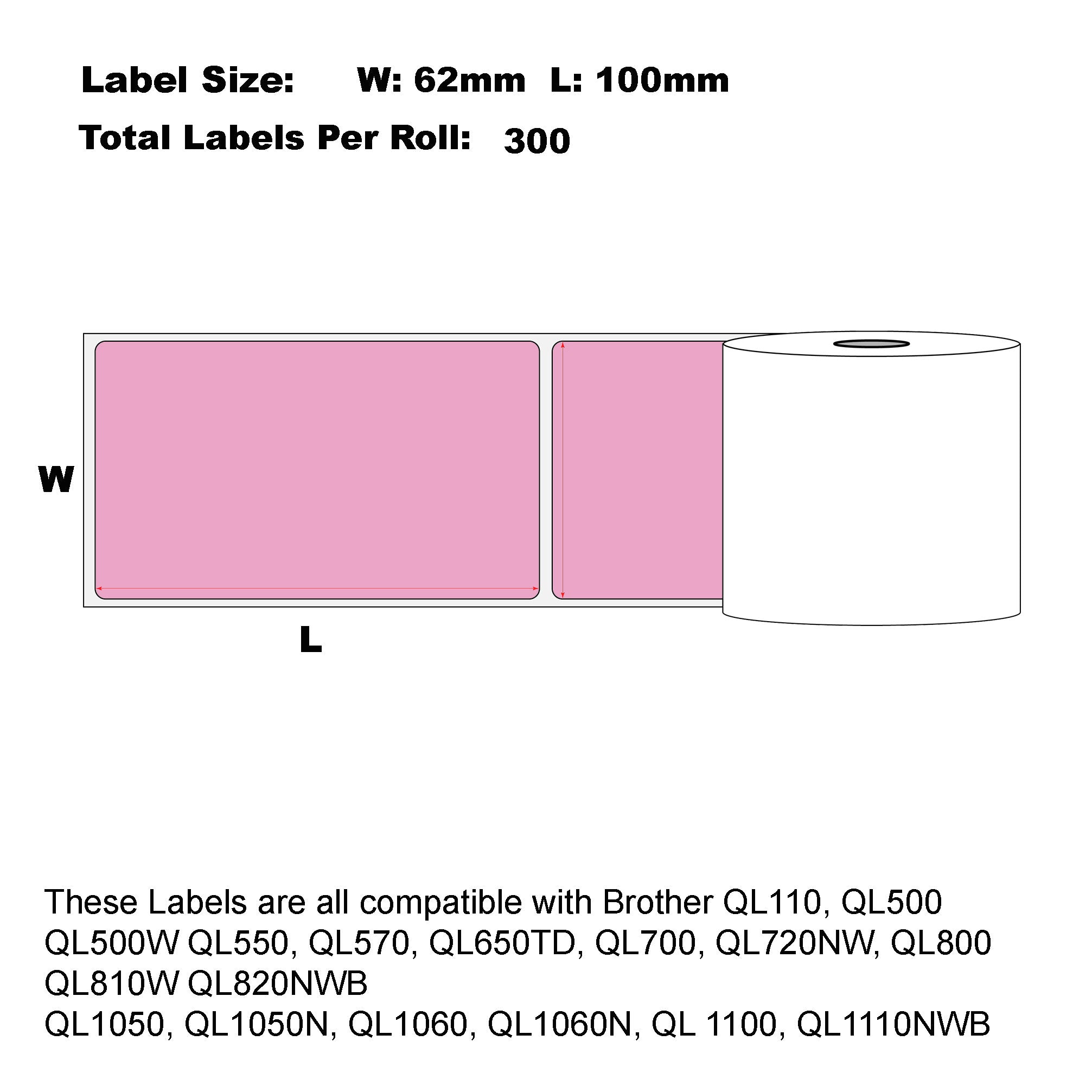 6x Compatible Brother DK-11202 Pink Refill Labels Die-Cut Shipping 62mm X 100mm 300L