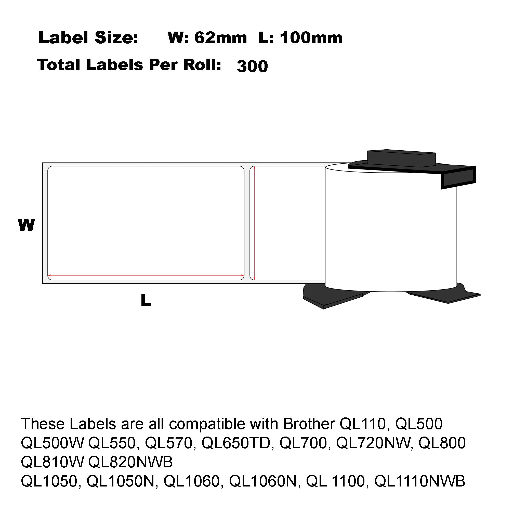 Compatible Brother DK-11202 White Paper Labels 62mm x 100mm 300 Labels Per Roll