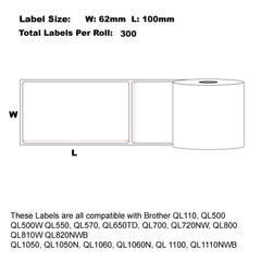 6x Compatible Brother DK-11202 Shipping White Refill labels 62mm x 100mm 300 Labels/Roll