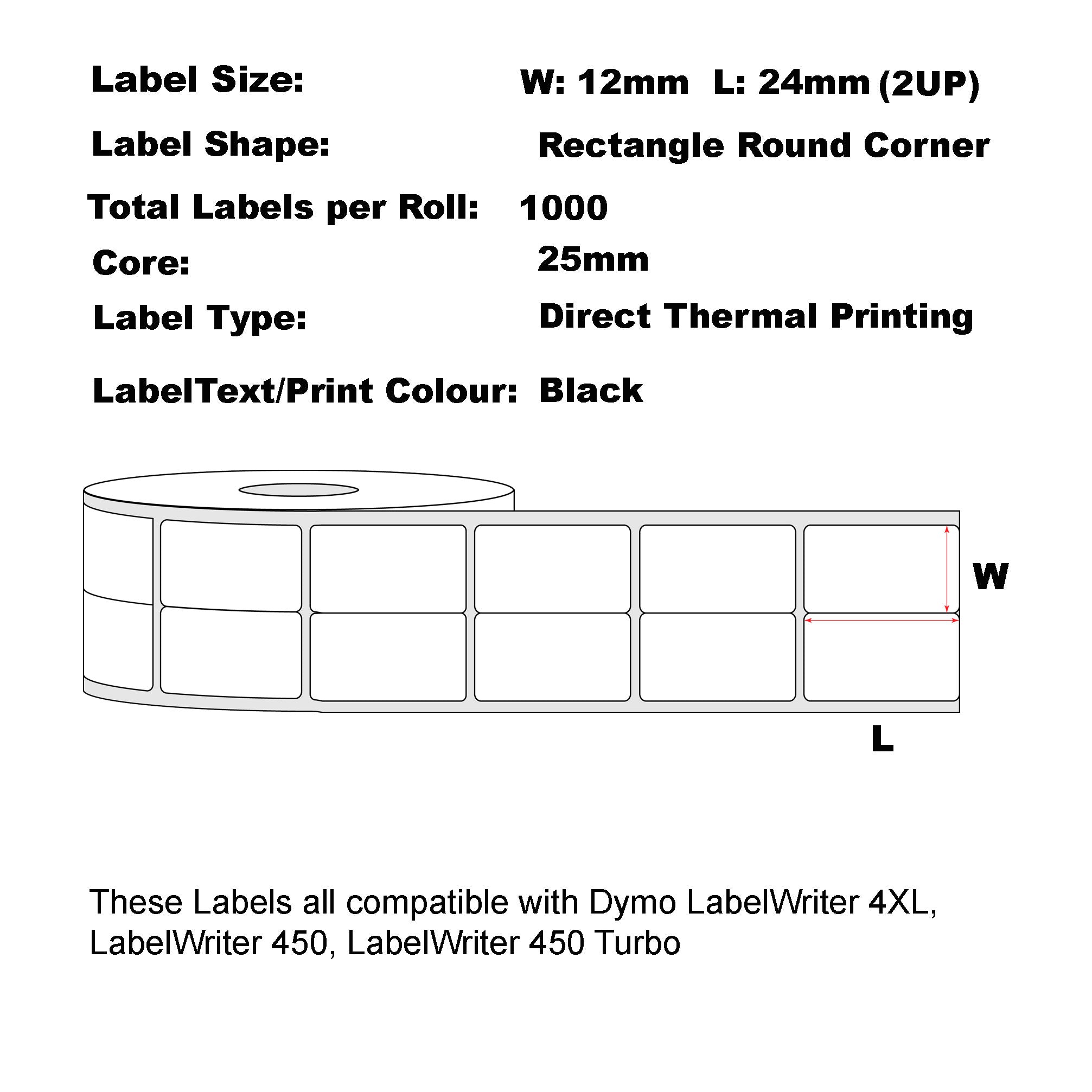 Compatible  Dymo 11353 12mm x 24mm (2UP) 1000 Labels/Roll Multipurpose White Labels