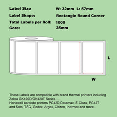 57mm x 32mm Direct Thermal Permanent Label, 1000 Labels Per Roll, 25mm Core