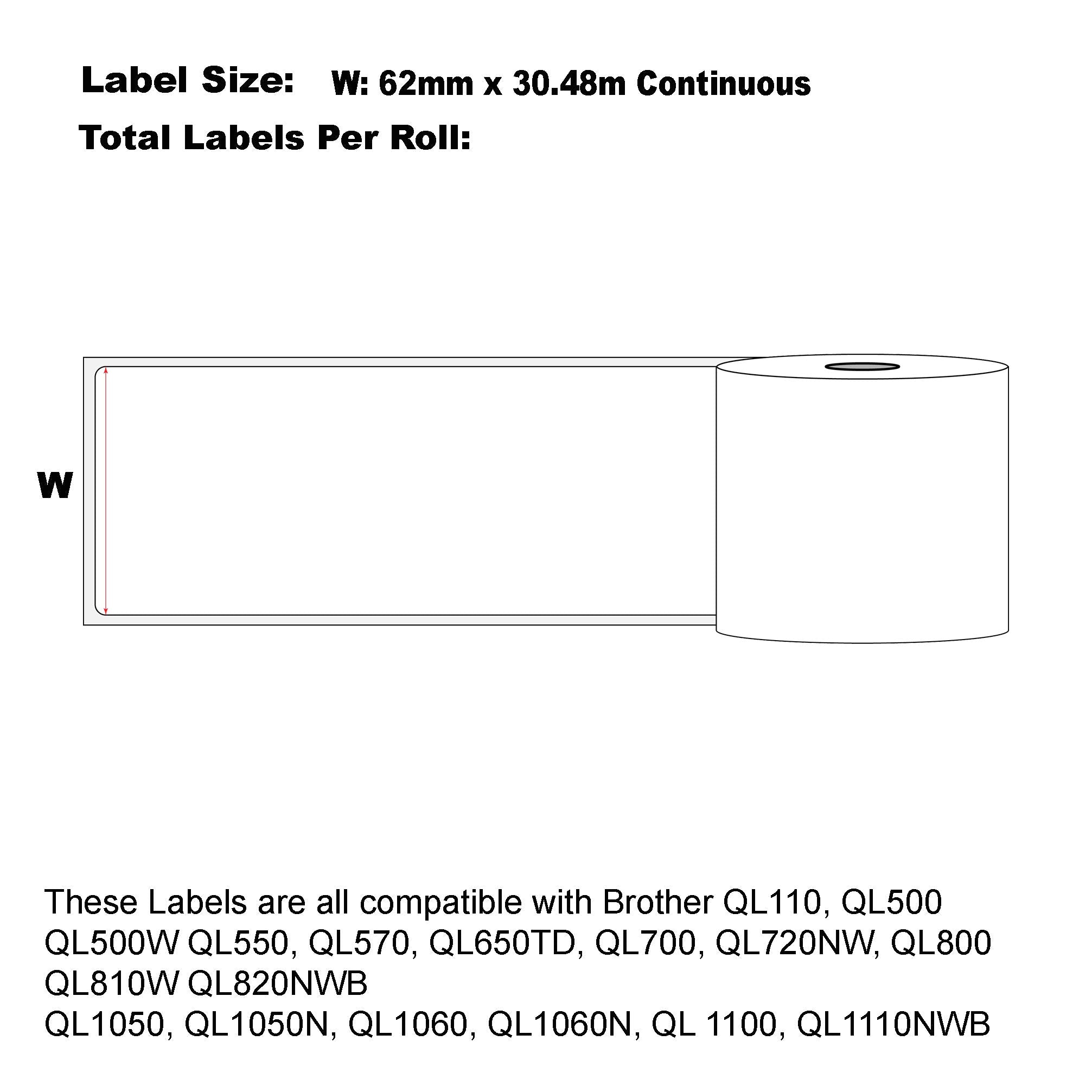 Compatible Brother DK-22205 Refill label 62mm x 30.48m Continuous Length-100 Rolls Bulk Buy