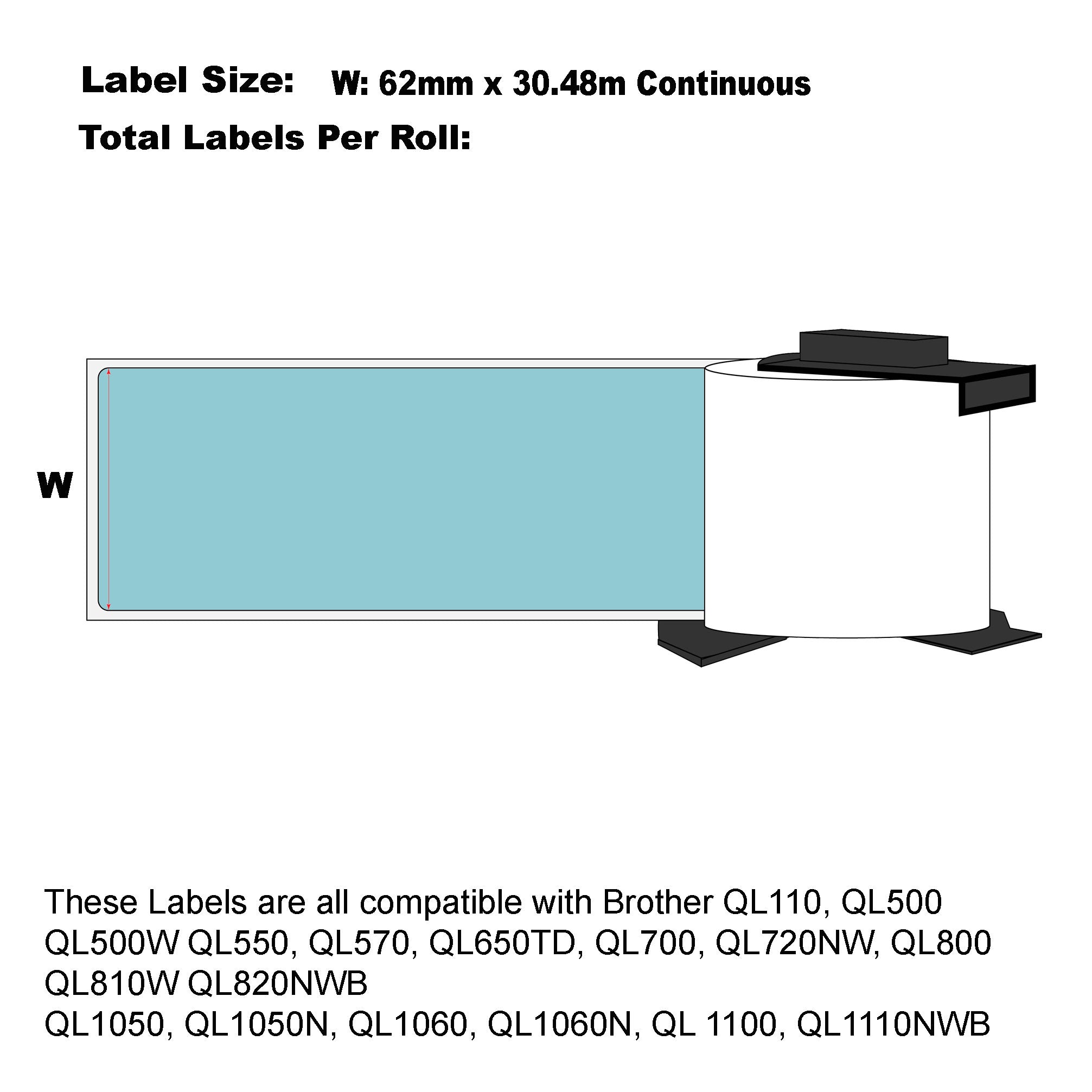Brother Compatible DK-22205 Blue labels Continuous Length 62mm x 30.48m