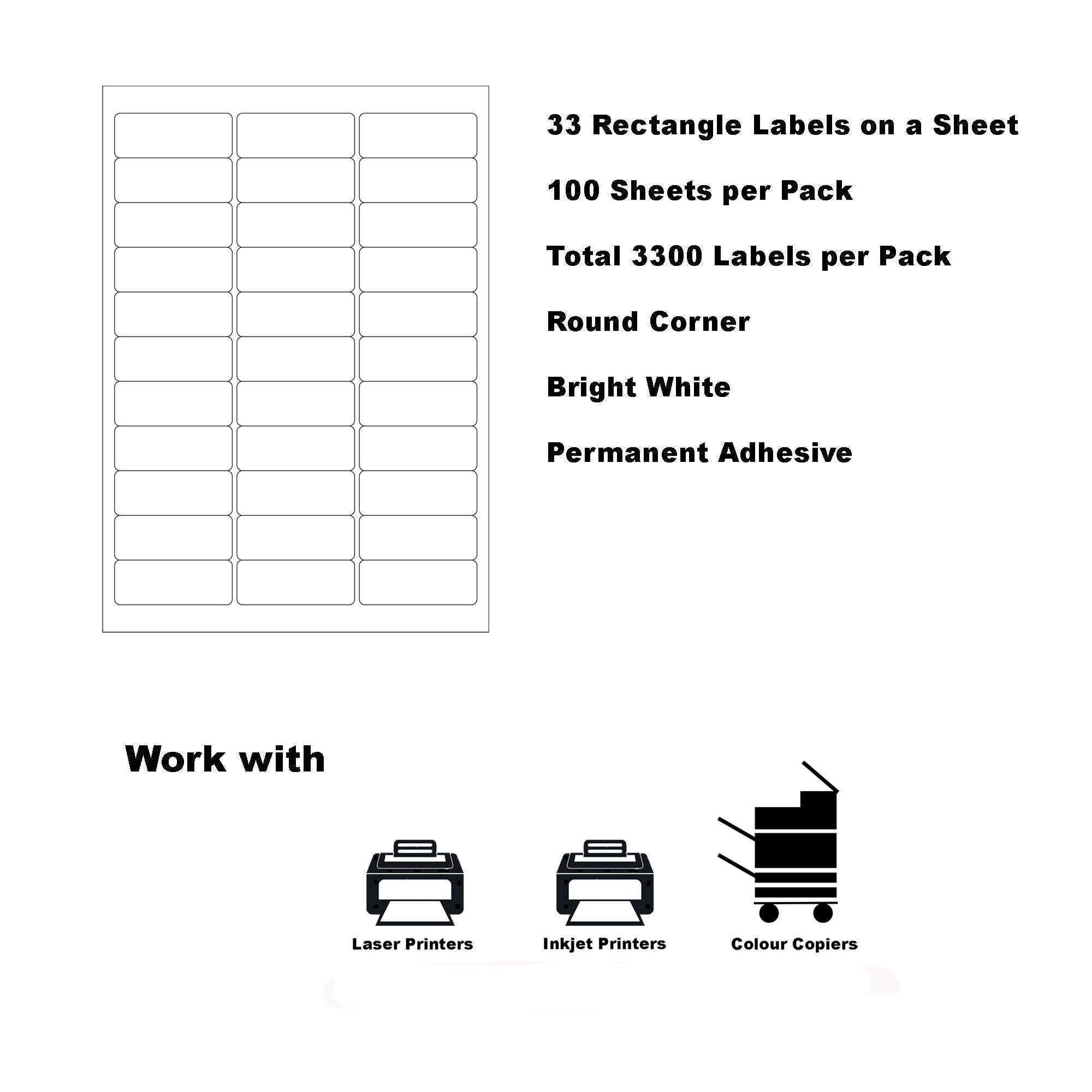 A4 Format Rectangle Labels 64 x 24.3mm 33 Labels Per Sheet-100 Sheets