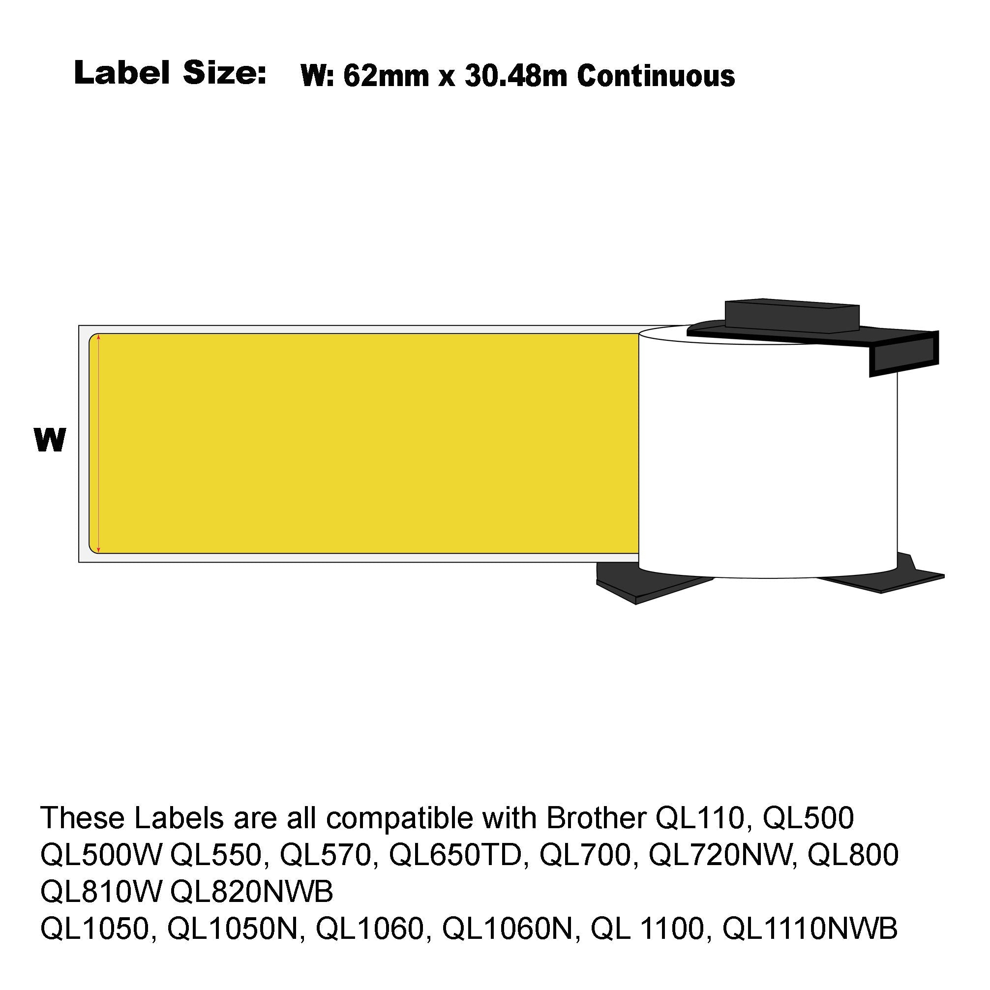 24x Compatible Brother DK-44605 Yellow Labels Continuous Length 62mm x 30.48m
