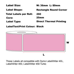 Compatible Dymo 99012 Pink Labels 36mm x 89mm 260L Large Address