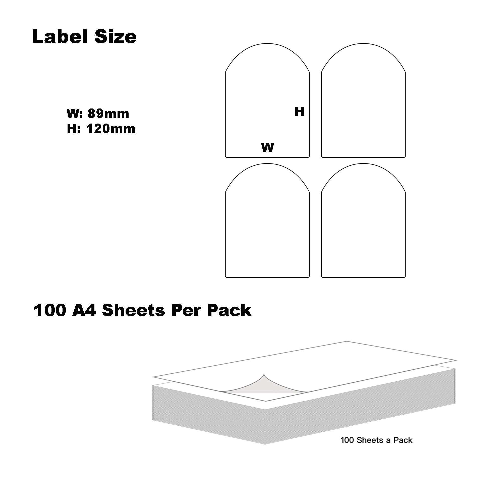 A4 Format Arched Labels 89 x 120.7mm 4 Labels Per Sheet-1000 Sheets