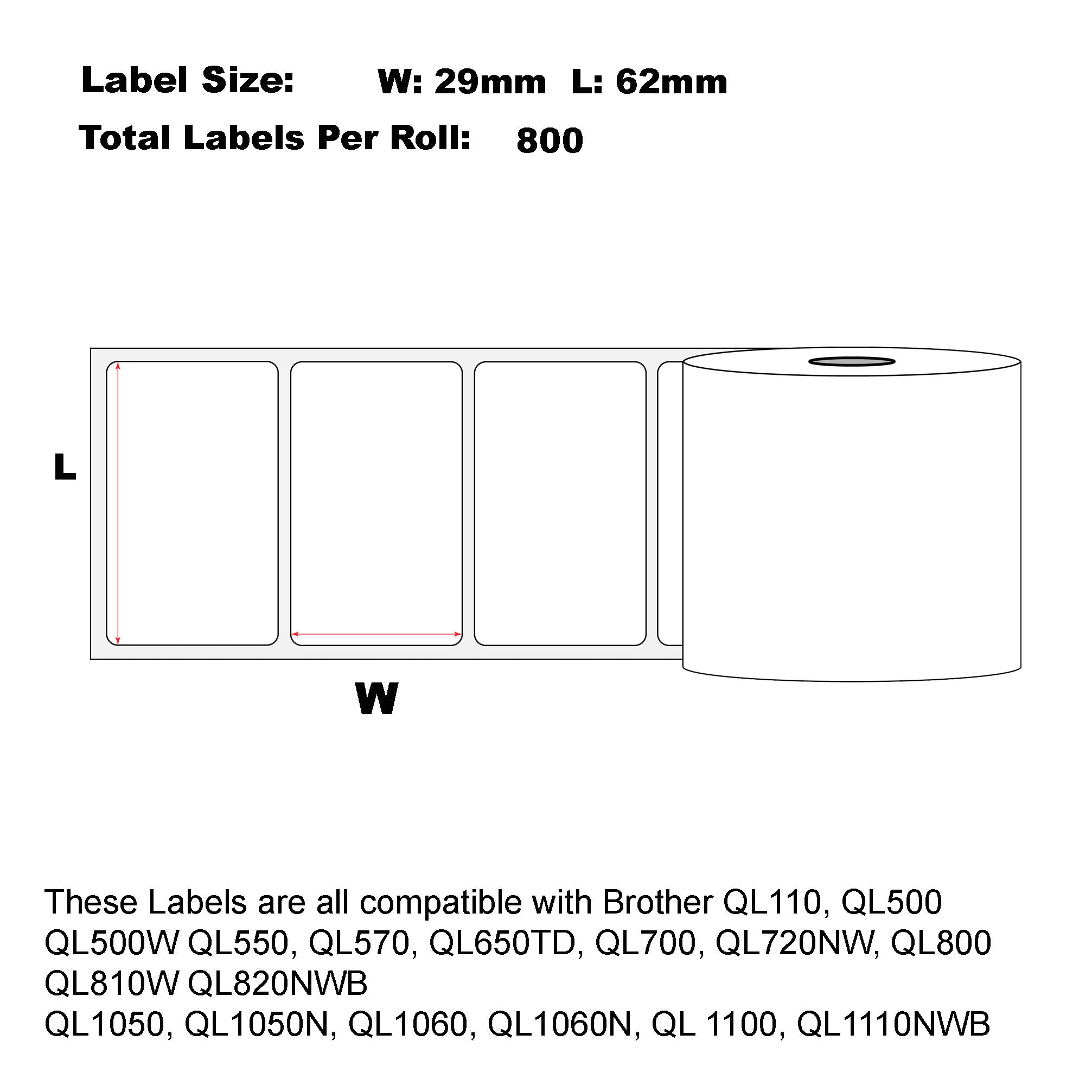 24x Compatible Brother DK-11209 Small Address White Refill labels 62mm x 29mm 800 Labels/Roll