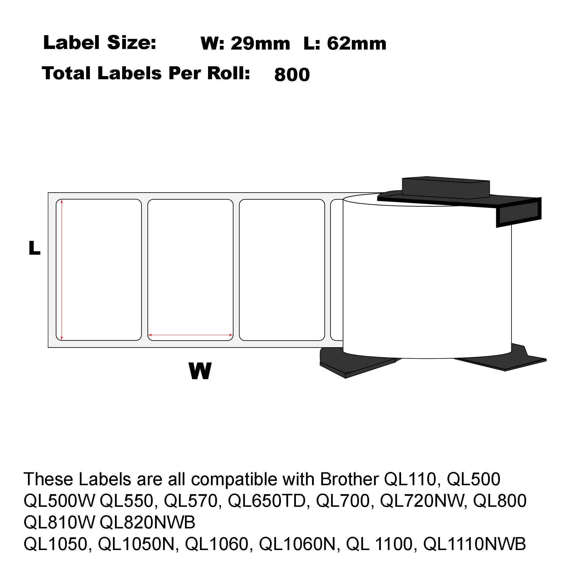 Compatible Brother DK-11209 Address White Labels 62mm x 29mm 800 Labels Per Roll