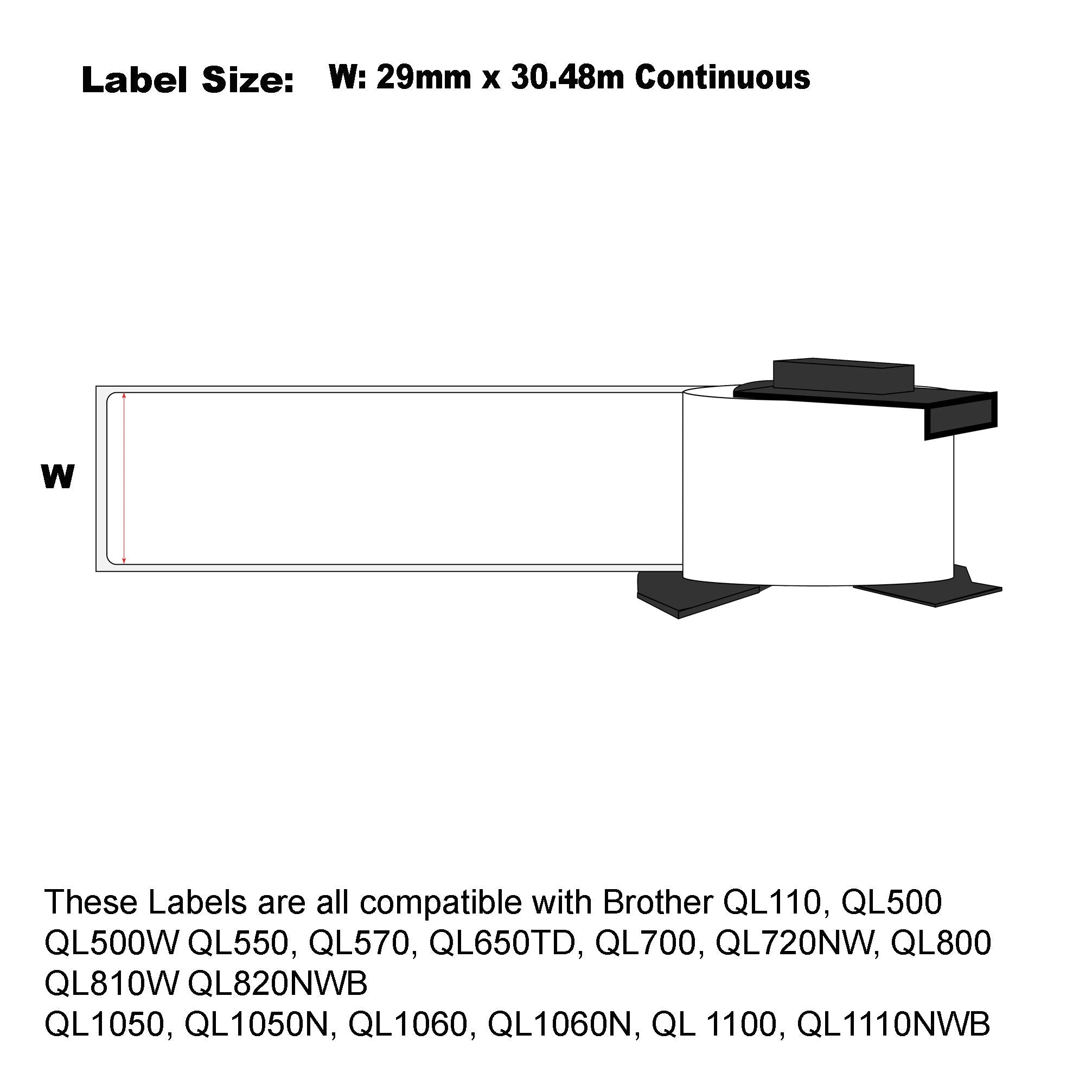 Compatible Brother DK-22210 Labels 29mm x 30.48m Continuous Length-32 Rolls Bulk Buy