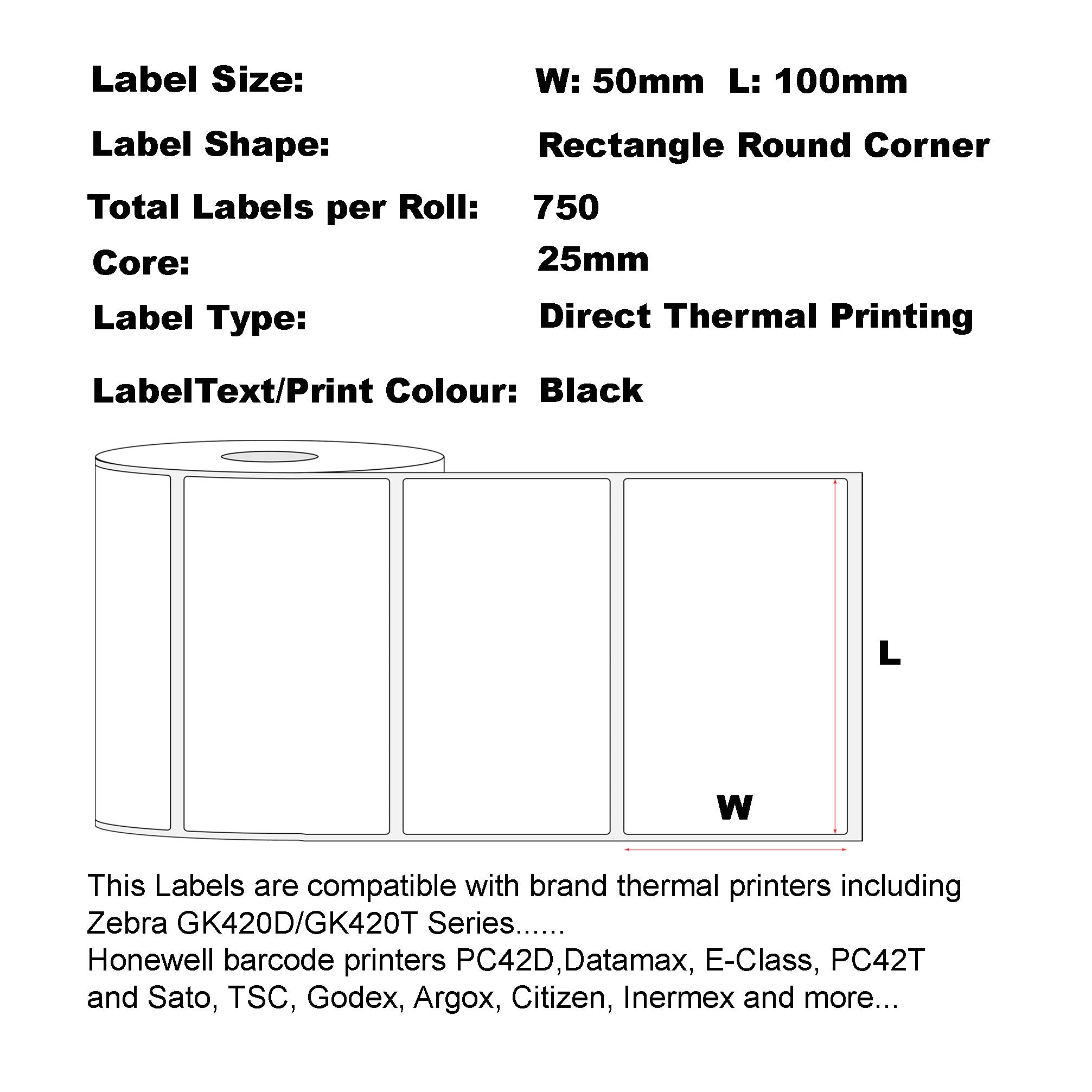 100mm x 50mm (4" x 2") Direct Thermal Permanent Label, 750 Labels Per Roll 25mm Core, Perforated