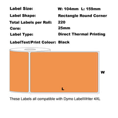 Compatible Dymo 0904980 (4XL) 104mm x 159mm 220 Labels/Roll Extra Large Shipping Orange Labels