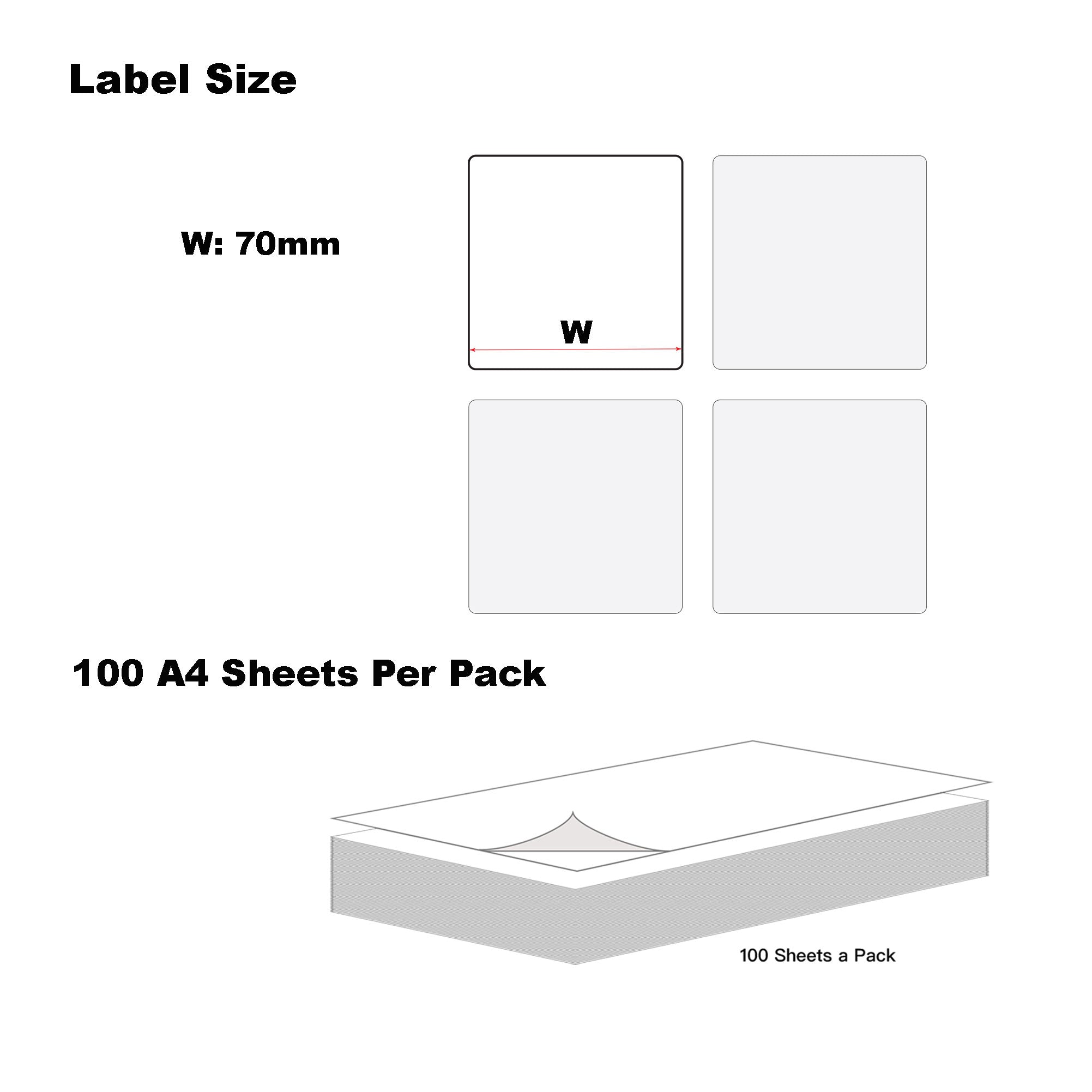 A4 Format Square Labels 70 x 70mm 6 Labels Per Sheet-100 Sheets