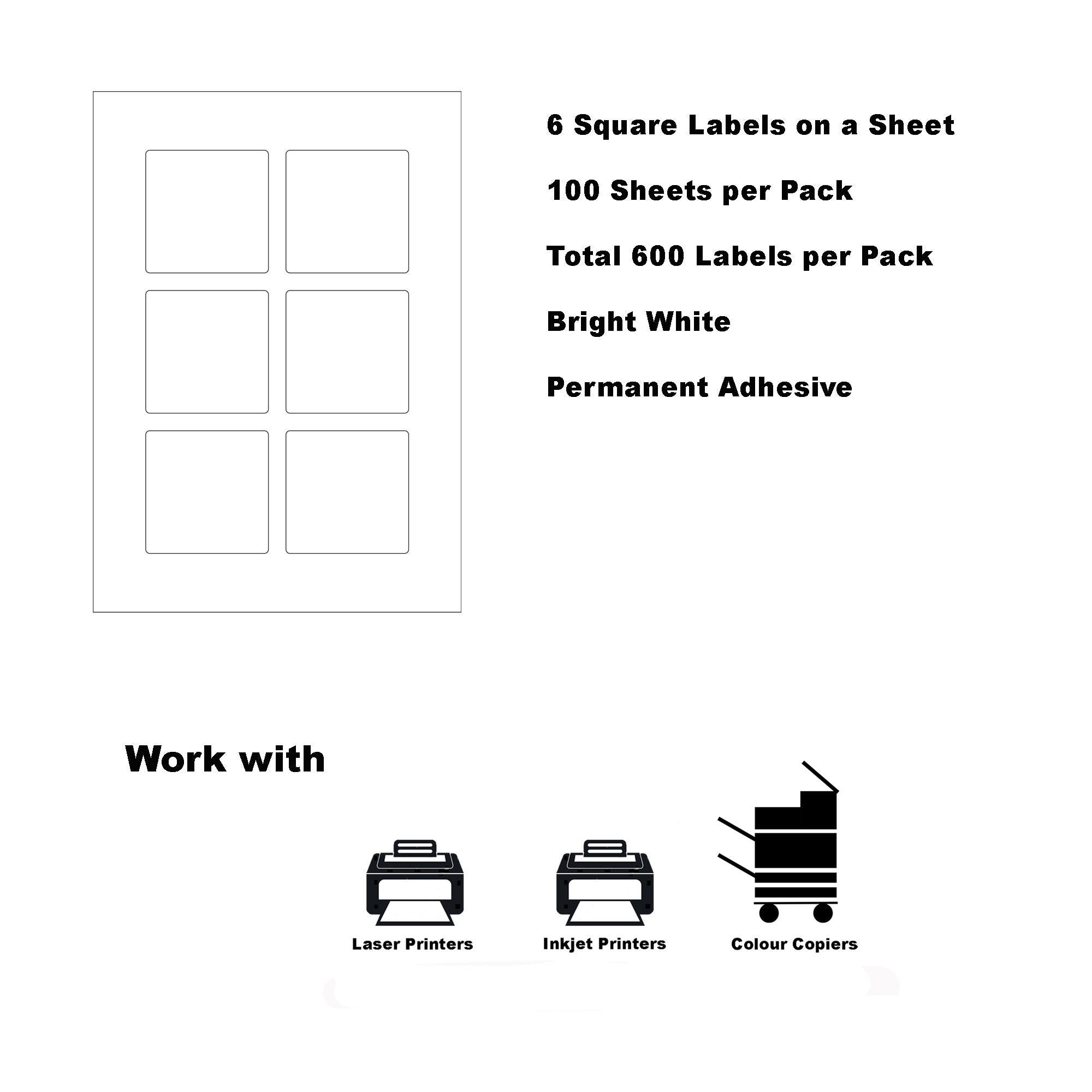 A4 Format Square Labels 70 x 70mm 6 Labels Per Sheet-100 Sheets
